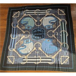 HERMÈS Sellier Equestrian Cashmere Silk Scarf Shawl 140cm In Blue Made In France